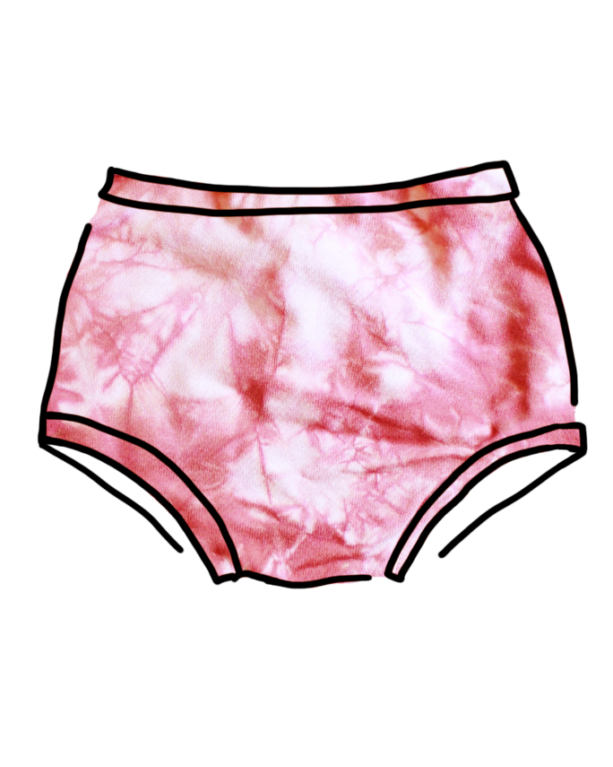 Drawing of Thunderpants organic cotton Women’s Original style underwear in limited edition hand dye pink tie dye.