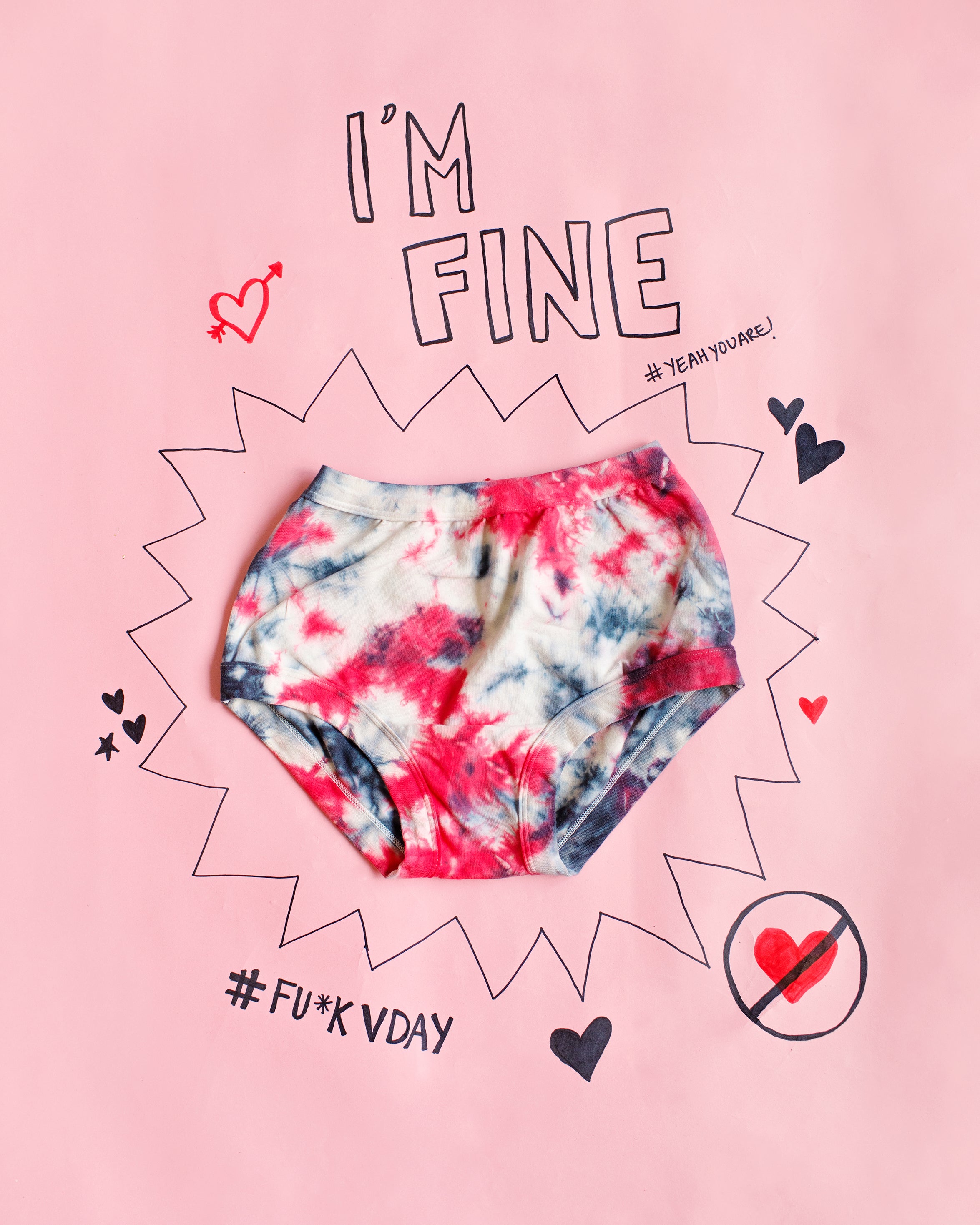 Flat lay of Original style underwear in black, red, and white scrunch dye on a pink background with writing.