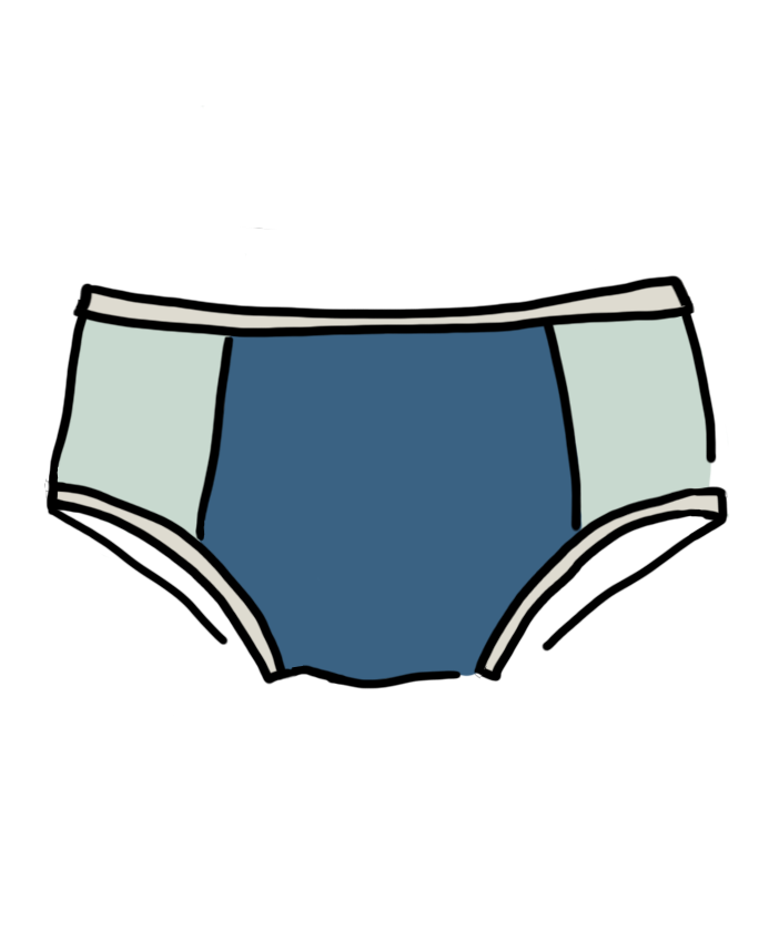Drawing of Thunderpants organic cotton Hipster Panel Pant style underwear with stormy blue center and dried sage sides.