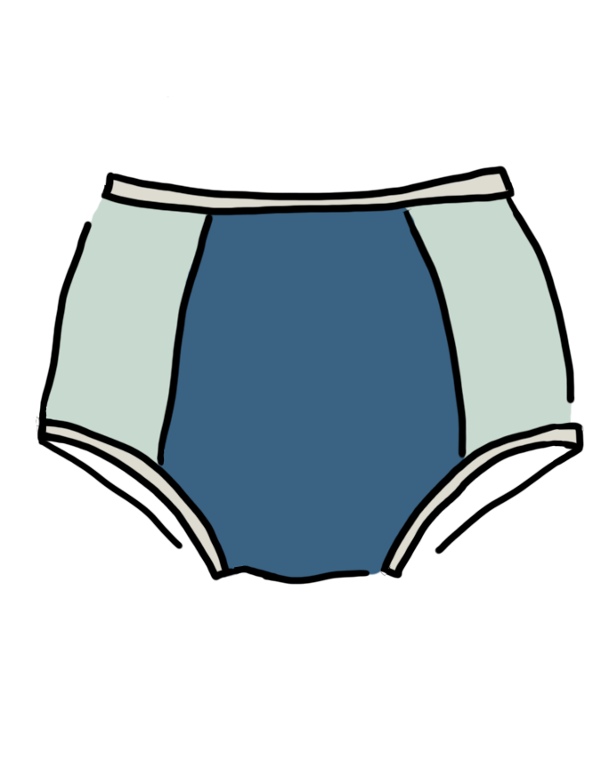 Drawing of Thunderpants Organic Cotton Original style underwear with Stormy Blue panel in front and back and Dried Sage on side panels.