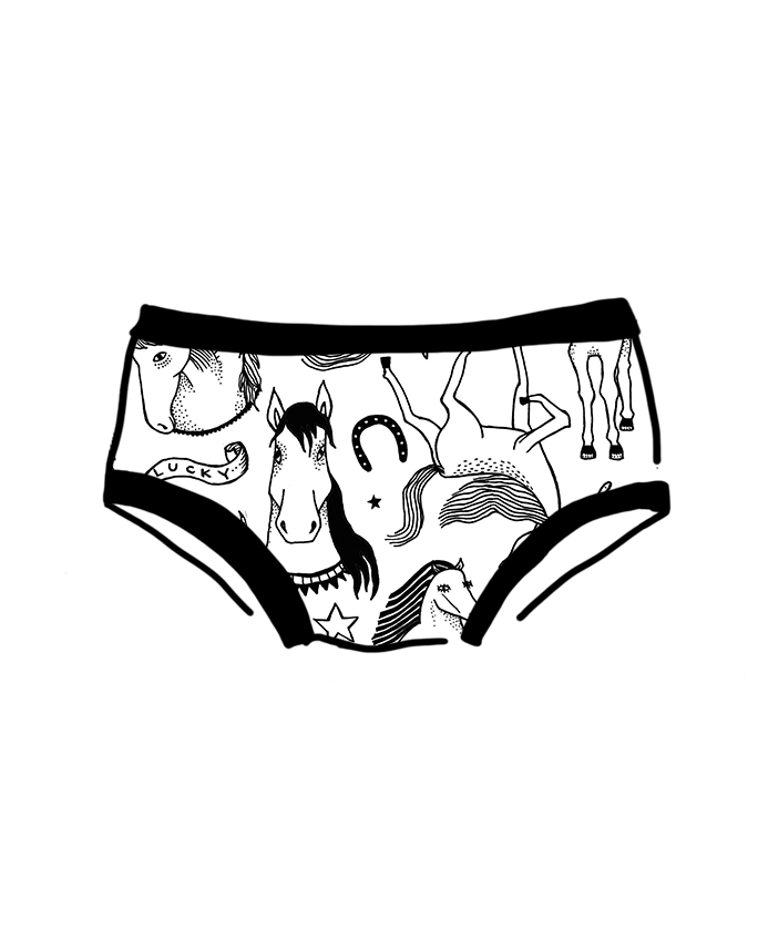 Drawing of Thunderpants brief style kids underwear in a black and white horses print.