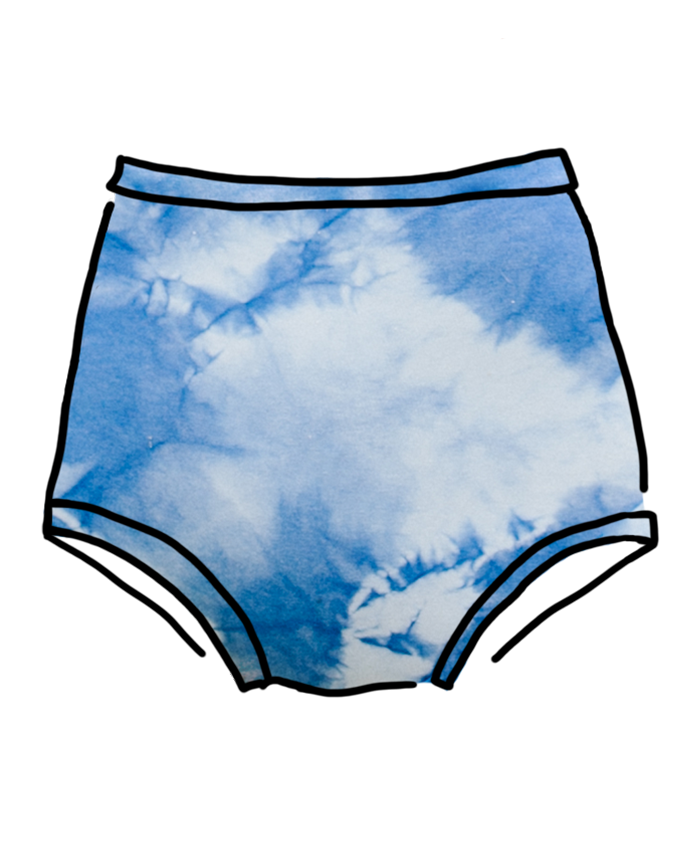 Drawing of indigo dyed Sauvie Skies Sky Rise style underwear.